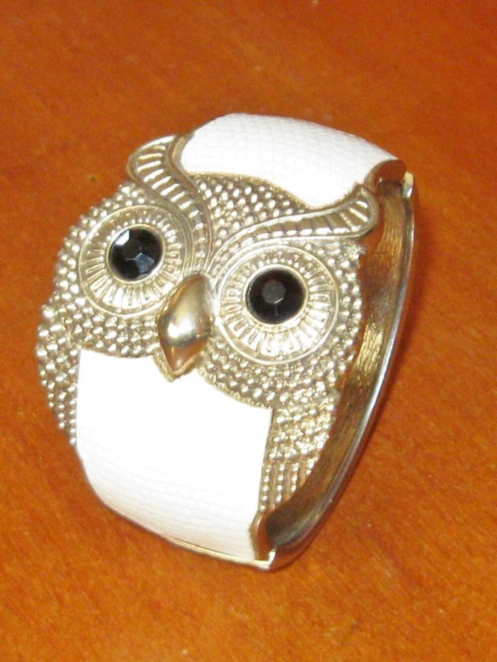 Owl Cuff Bracelet Witchy Jewelry Black Eyes Bronzetone Faux Leather Spring Close